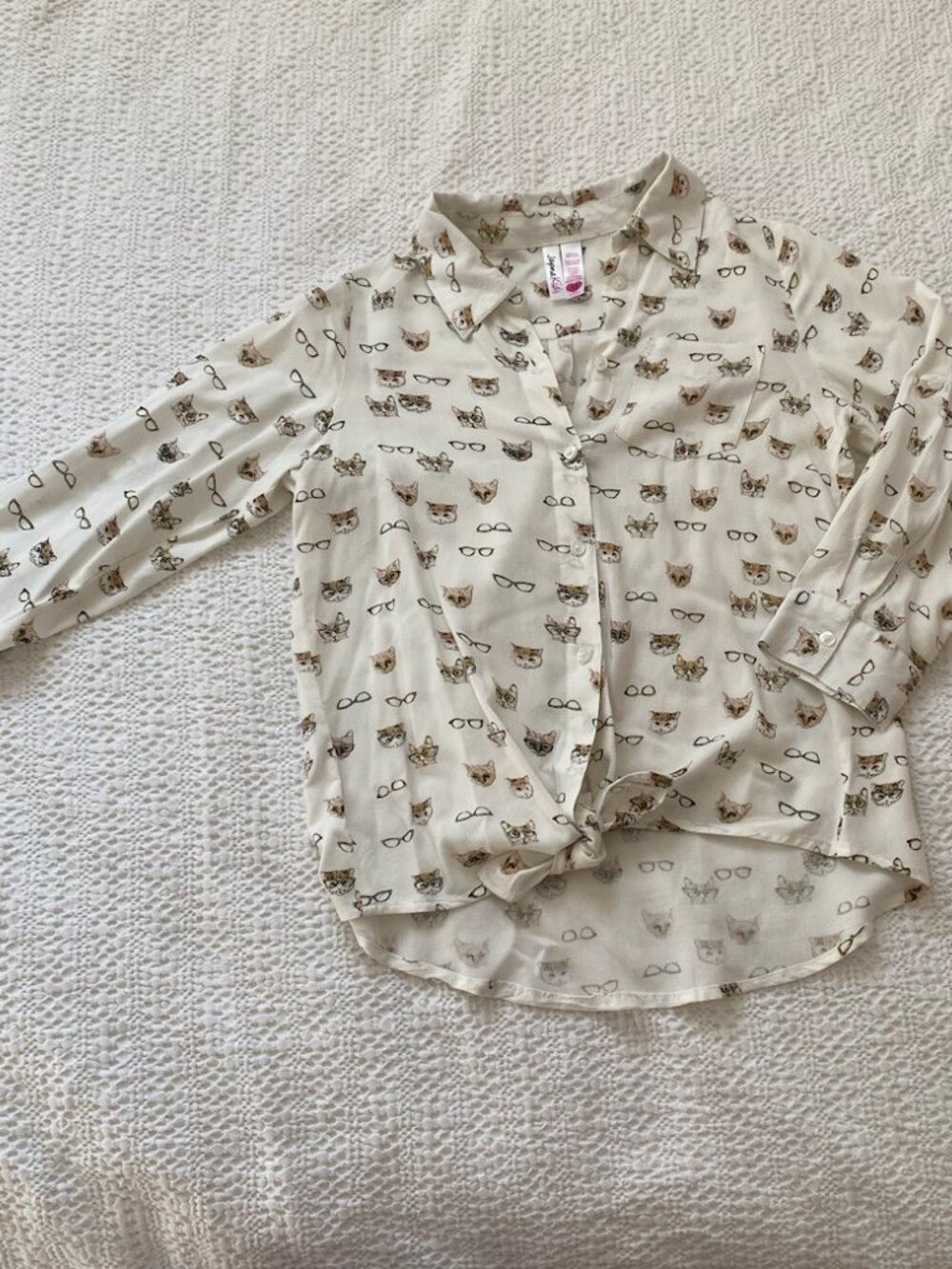 Japna Kids Cat & Glasses Print Tie-Front Button Down Shirt - Size 12